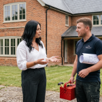 A woman discussing renovation ideas with a worker.