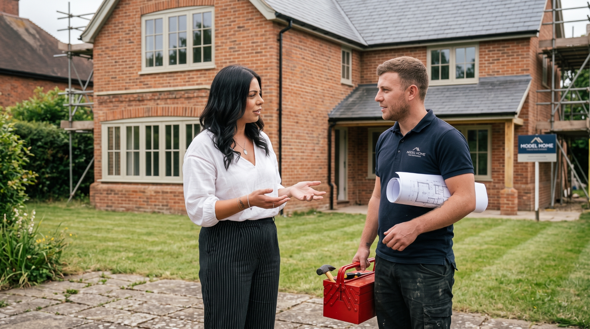 A woman discussing renovation ideas with a worker.
